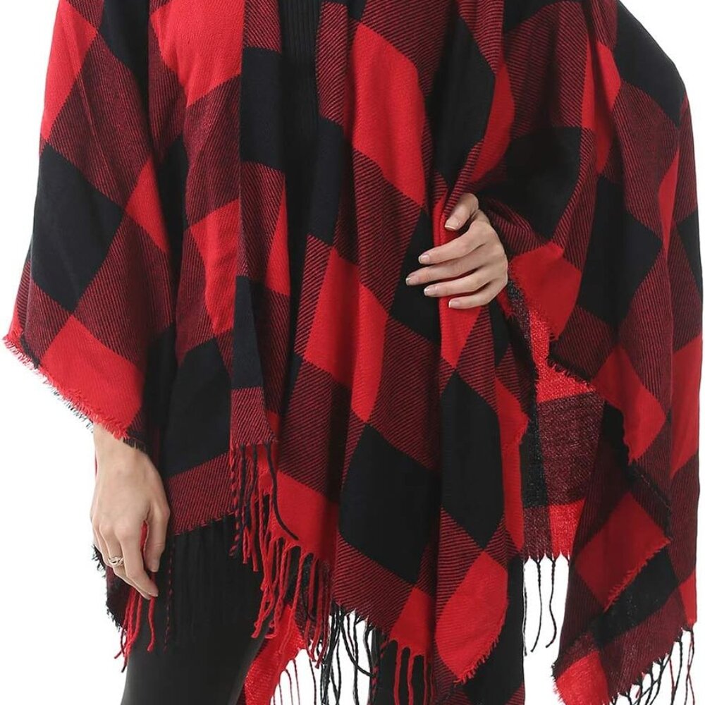 Women's Warm Shawl Wrap Open Front Poncho Cape Color Block Shawls Winter Cardiga - Picture 4 of 7